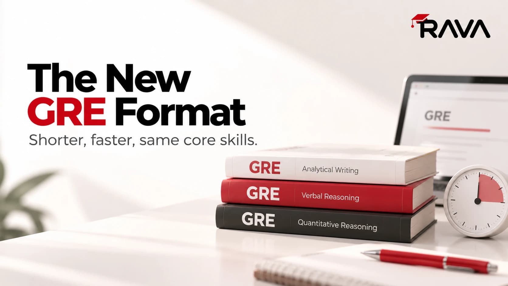 پوستر «فرمت جدید GRE، کوتاهتر و سریعتر با همان مهارتهای اصلی» کنار پشتهای از کتابهای GRE و کرونومتر