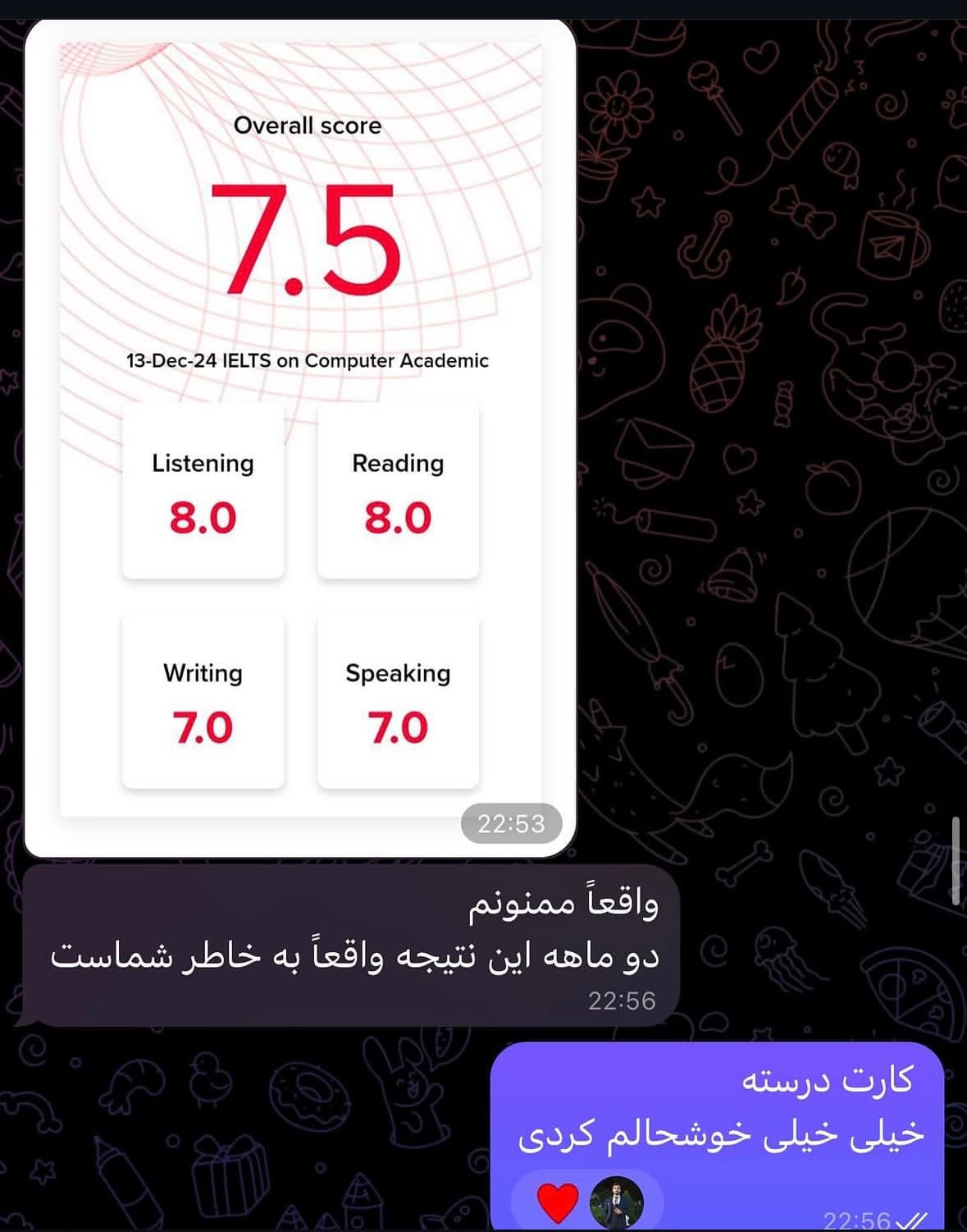 کارنامه آیلتس با نمره کلی 7.5