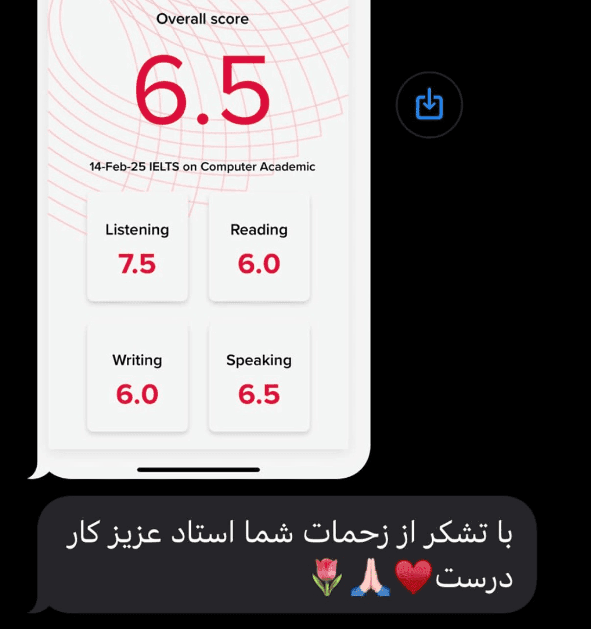 کارنامه آیلتس با نمره کلی 6.5