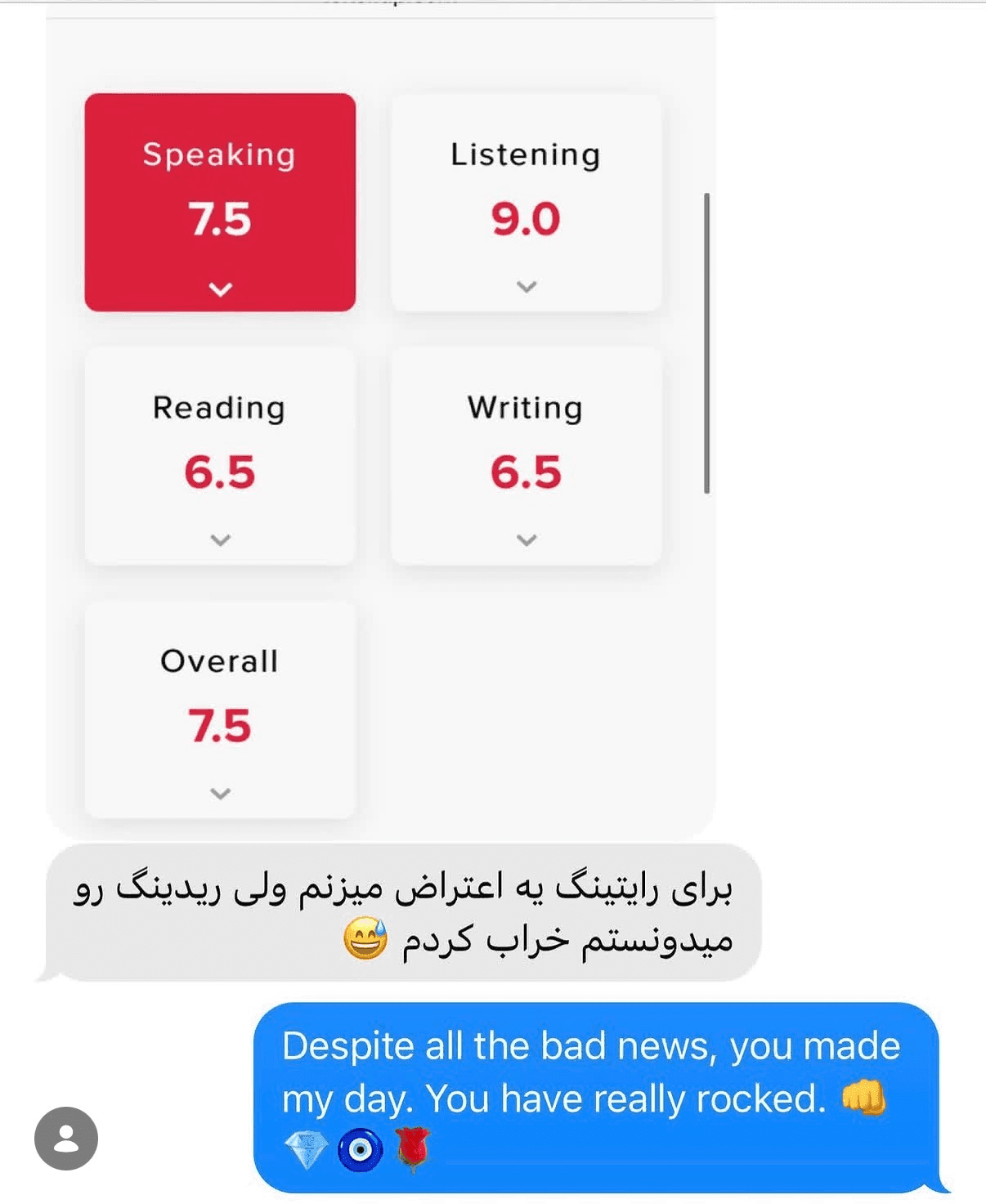 کارنامه آیلتس با نمره کلی 7.5